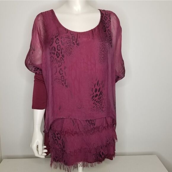 Made in Italy Women's Maroon Layered Sheer Top 3/4 Sleeve - Picture 15 of 15